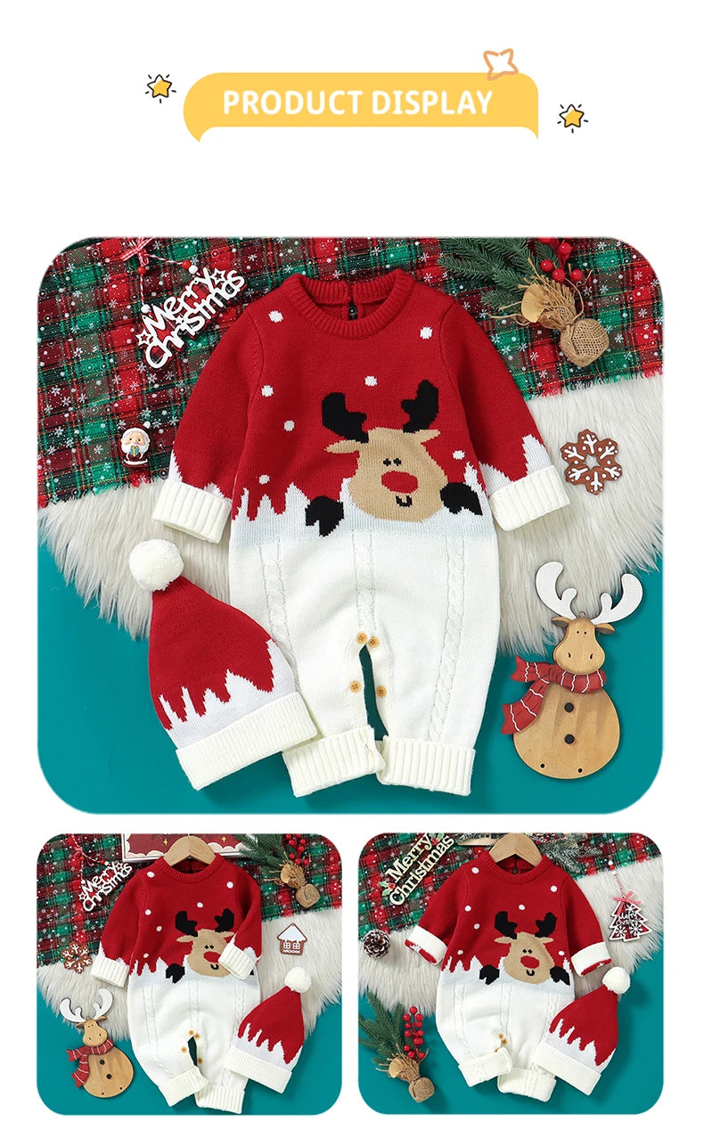 Christmas Newborn Baby Romper & Hat Set - Knit Long Sleeve Elk Jumpsuit Outfit - SweetPeaShop