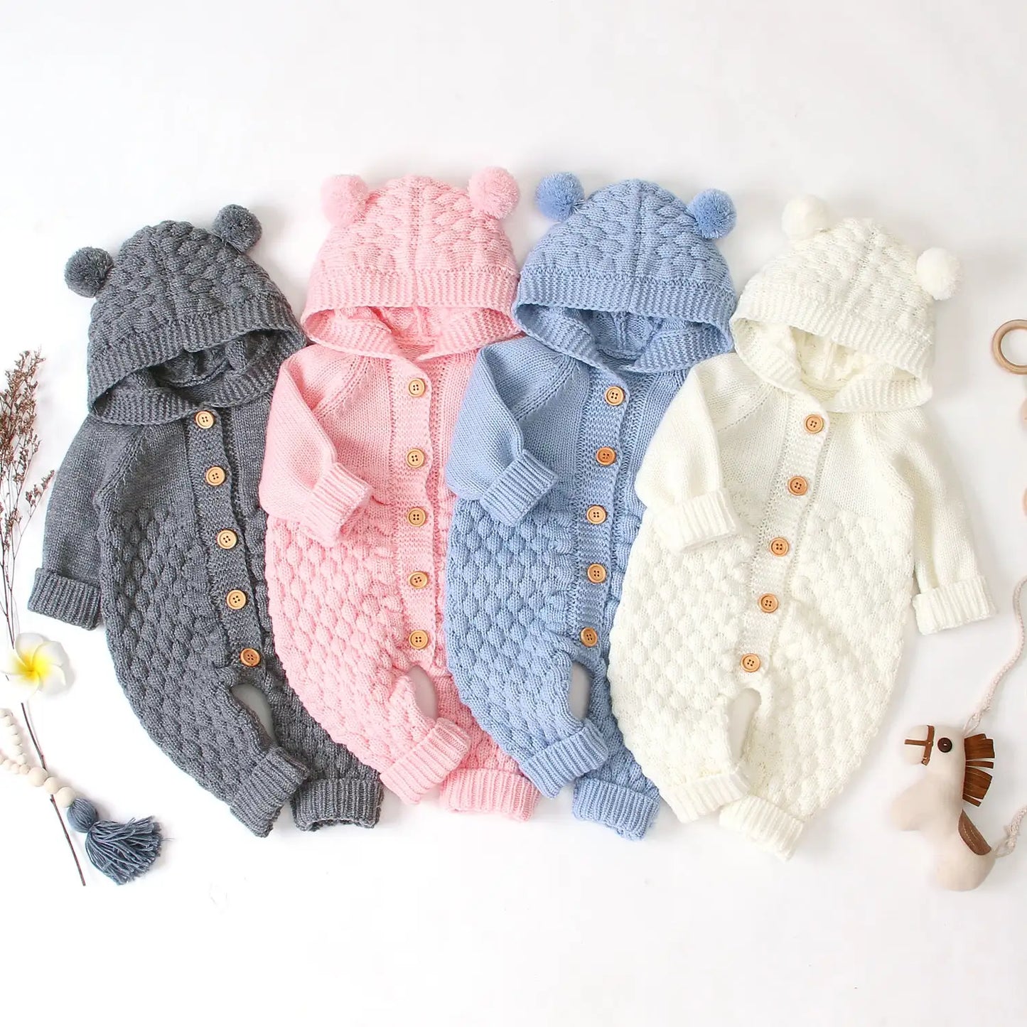 Ear Knit Romper With Hoodie - SweetPeaShop