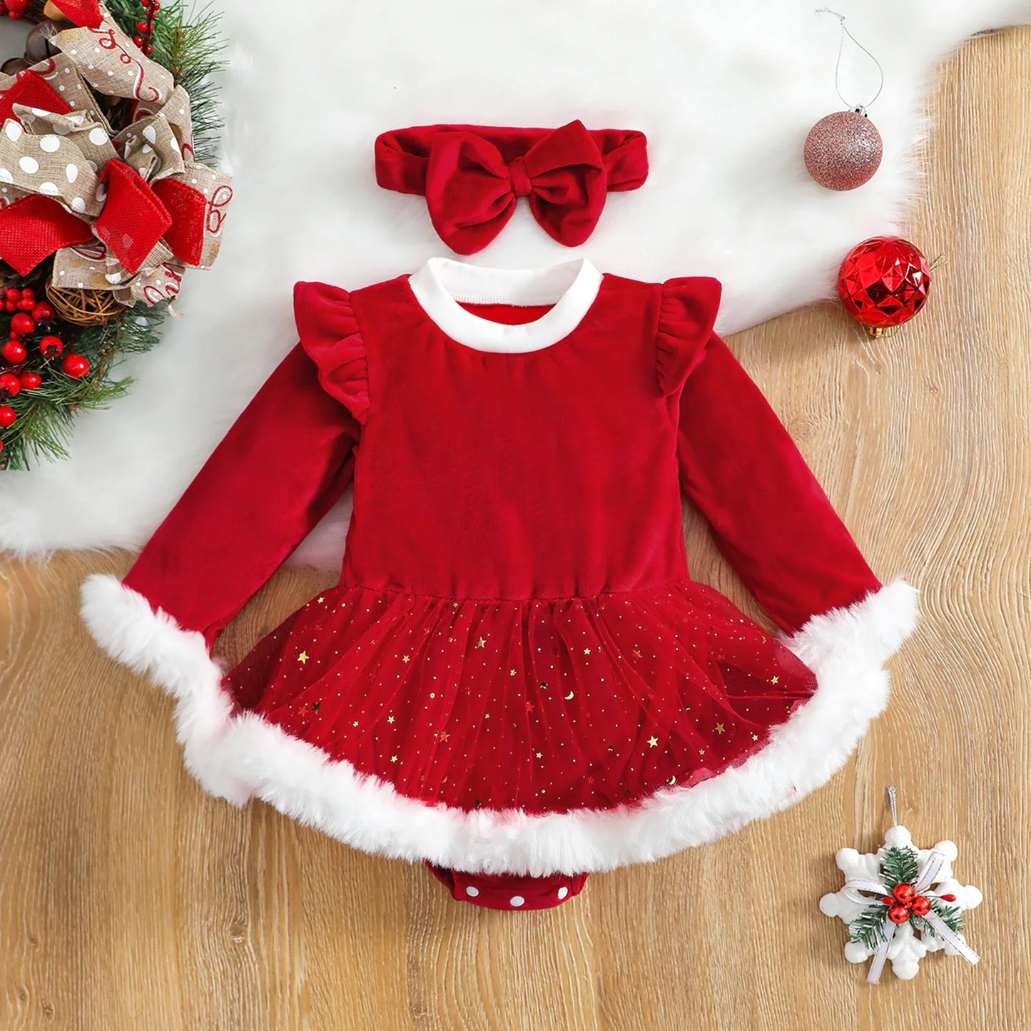 Baby Girl Christmas Romper with Sequin Skirt & Headband - SweetPeaShop