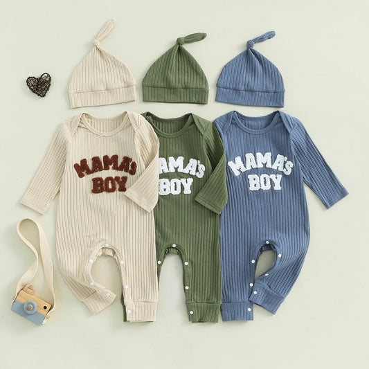 Winter Baby Boy Bodysuit with Embroidered Letter and Hat - Long Sleeve Ribbed Jumpsuit for Newborns - SweetPeaShop