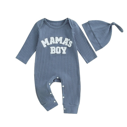 Winter Baby Boy Bodysuit with Embroidered Letter and Hat - Long Sleeve Ribbed Jumpsuit for Newborns - SweetPeaShop