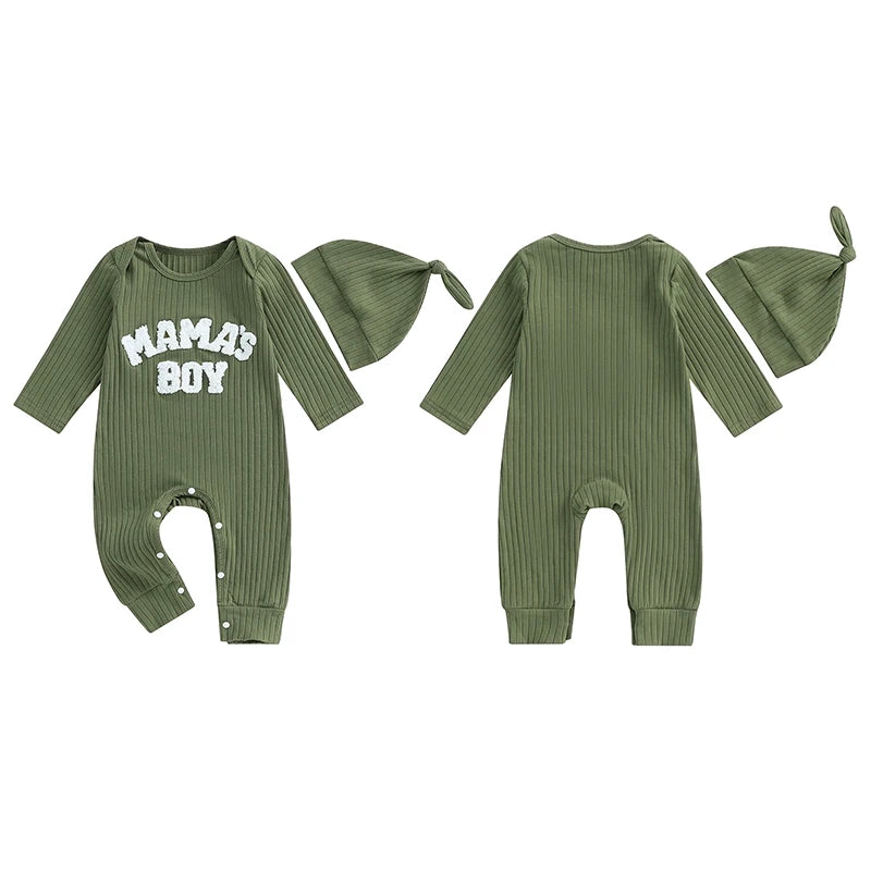 Winter Baby Boy Bodysuit with Embroidered Letter and Hat - Long Sleeve Ribbed Jumpsuit for Newborns - SweetPeaShop