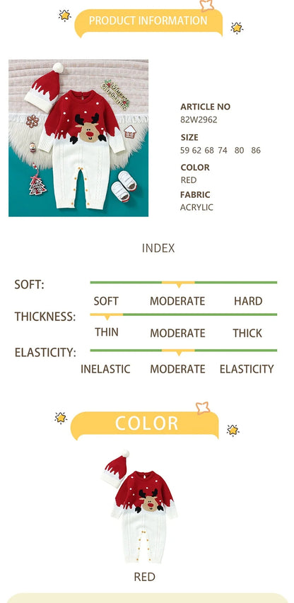 Christmas Newborn Baby Romper & Hat Set - Knit Long Sleeve Elk Jumpsuit Outfit - SweetPeaShop