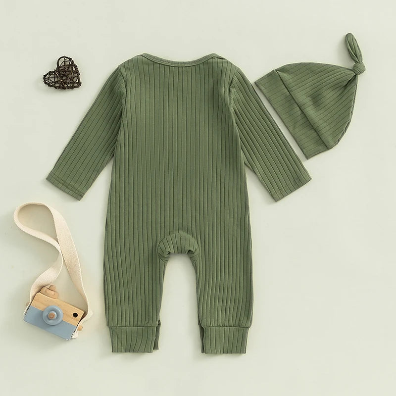 Winter Baby Boy Bodysuit with Embroidered Letter and Hat - Long Sleeve Ribbed Jumpsuit for Newborns - SweetPeaShop