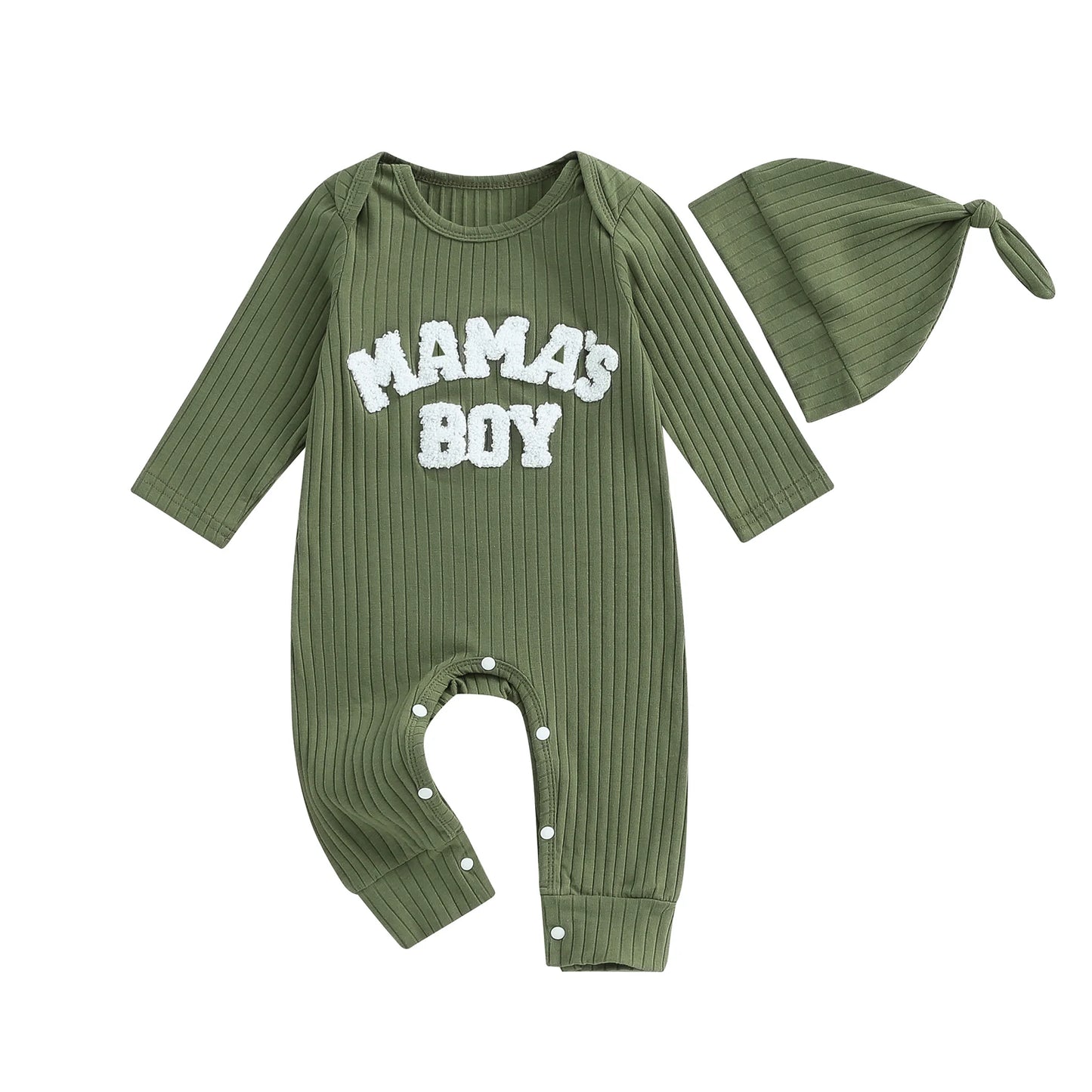 Winter Baby Boy Bodysuit with Embroidered Letter and Hat - Long Sleeve Ribbed Jumpsuit for Newborns - SweetPeaShop