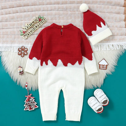 Christmas Newborn Baby Romper & Hat Set - Knit Long Sleeve Elk Jumpsuit Outfit - SweetPeaShop