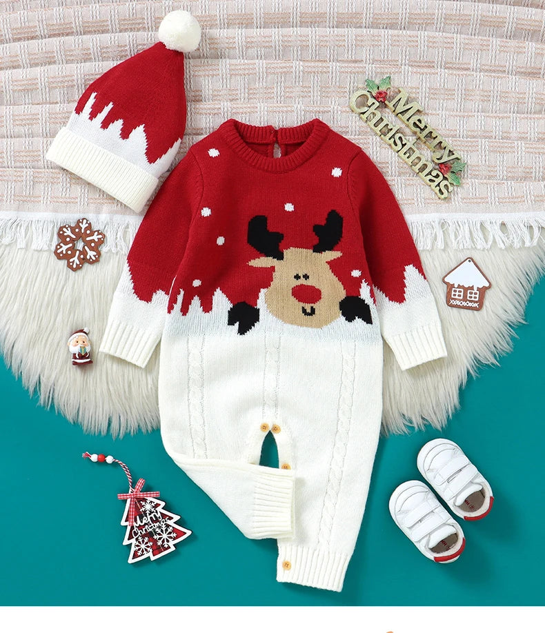 Christmas Newborn Baby Romper & Hat Set - Knit Long Sleeve Elk Jumpsuit Outfit - SweetPeaShop