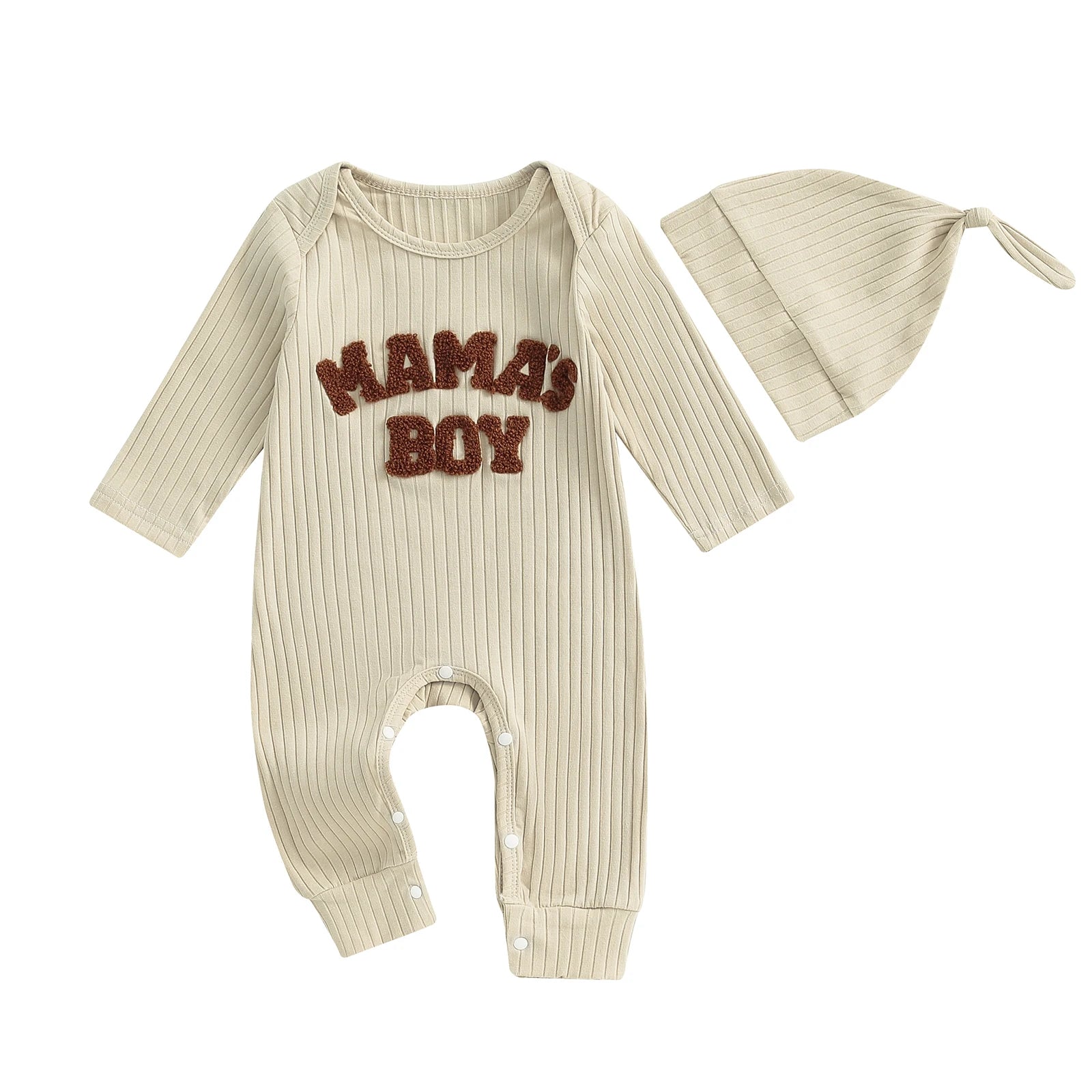 Winter Baby Boy Bodysuit with Embroidered Letter and Hat - Long Sleeve Ribbed Jumpsuit for Newborns - SweetPeaShop