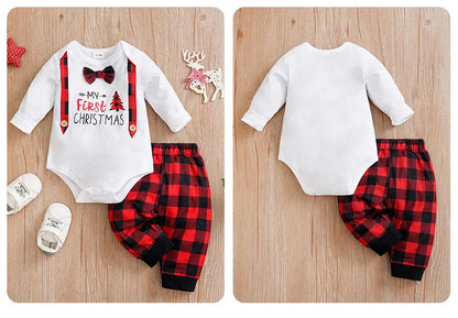 Plaid Bow Tie Baby Set - 2PCS Long Sleeve Bodysuit & Vest Outfit for All Seasons - SweetPeaShop