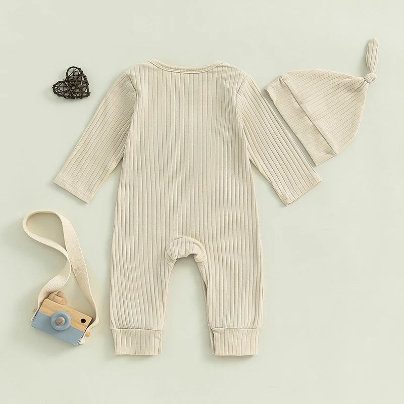 Winter Baby Boy Bodysuit with Embroidered Letter and Hat - Long Sleeve Ribbed Jumpsuit for Newborns - SweetPeaShop