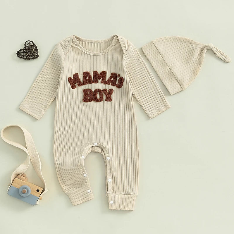 Winter Baby Boy Bodysuit with Embroidered Letter and Hat - Long Sleeve Ribbed Jumpsuit for Newborns - SweetPeaShop