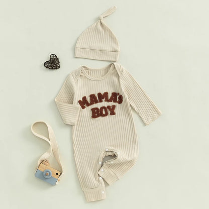 Winter Baby Boy Bodysuit with Embroidered Letter and Hat - Long Sleeve Ribbed Jumpsuit for Newborns - SweetPeaShop