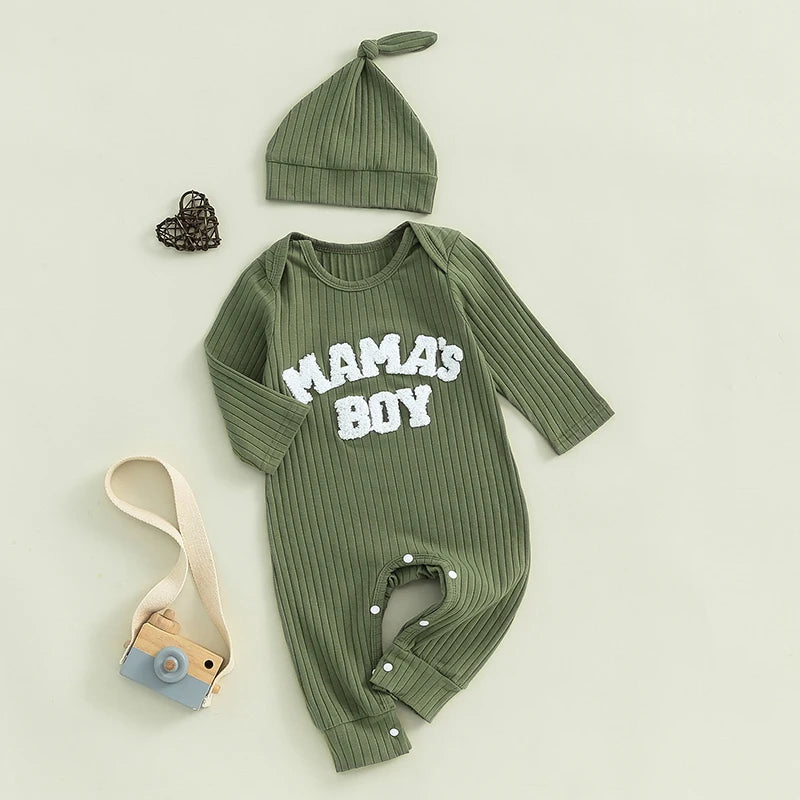 Winter Baby Boy Bodysuit with Embroidered Letter and Hat - Long Sleeve Ribbed Jumpsuit for Newborns - SweetPeaShop