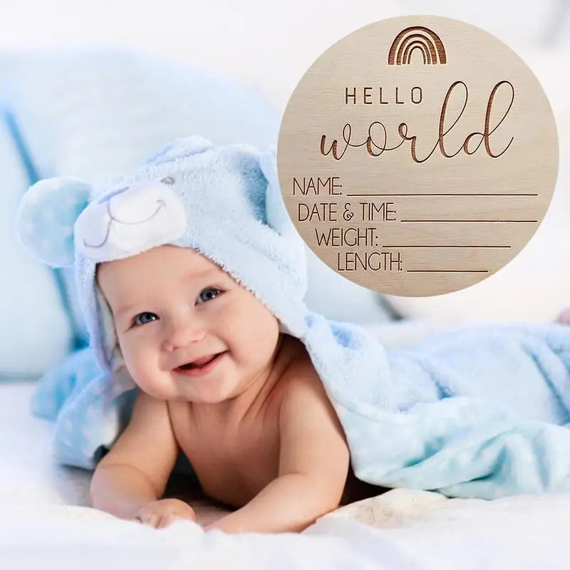 Hello World Baby Birth Announcement Sign – Wooden Milestone Photo Prop - SweetPeaShop