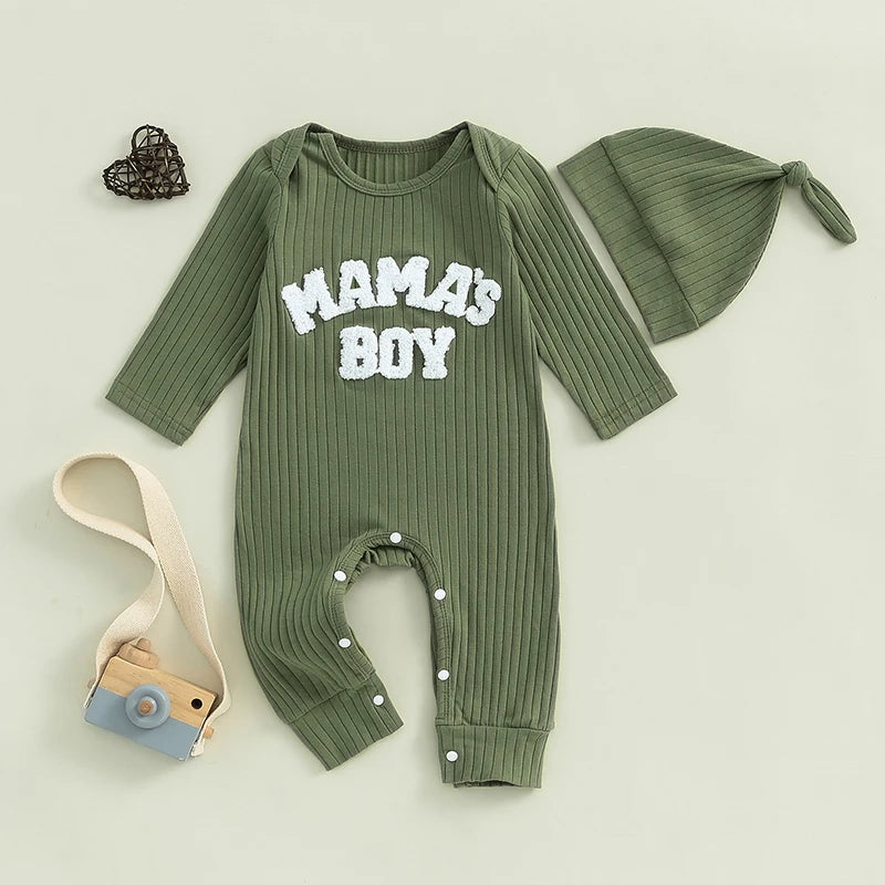 Winter Baby Boy Bodysuit with Embroidered Letter and Hat - Long Sleeve Ribbed Jumpsuit for Newborns - SweetPeaShop