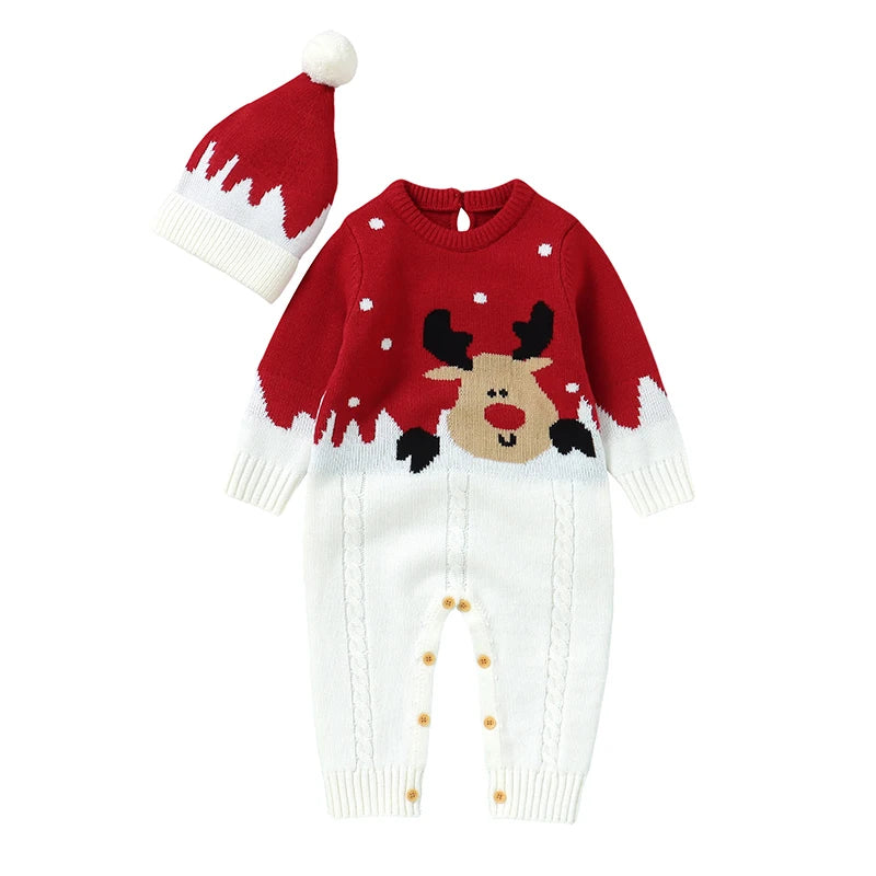 Christmas Newborn Baby Romper & Hat Set - Knit Long Sleeve Elk Jumpsuit Outfit - SweetPeaShop