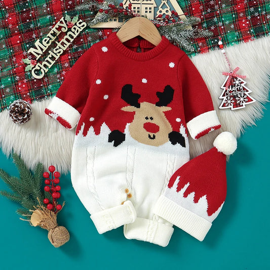 Christmas Newborn Baby Romper & Hat Set - Knit Long Sleeve Elk Jumpsuit Outfit - SweetPeaShop