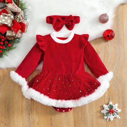 Baby Girl Christmas Romper with Sequin Skirt & Headband - SweetPeaShop