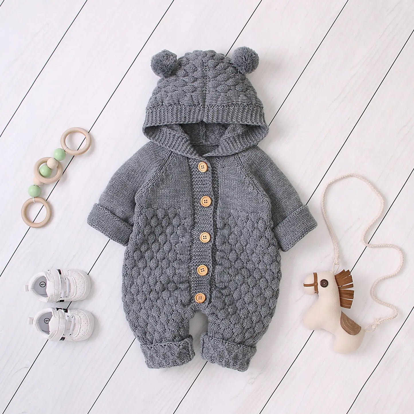 Ear Knit Romper With Hoodie - SweetPeaShop